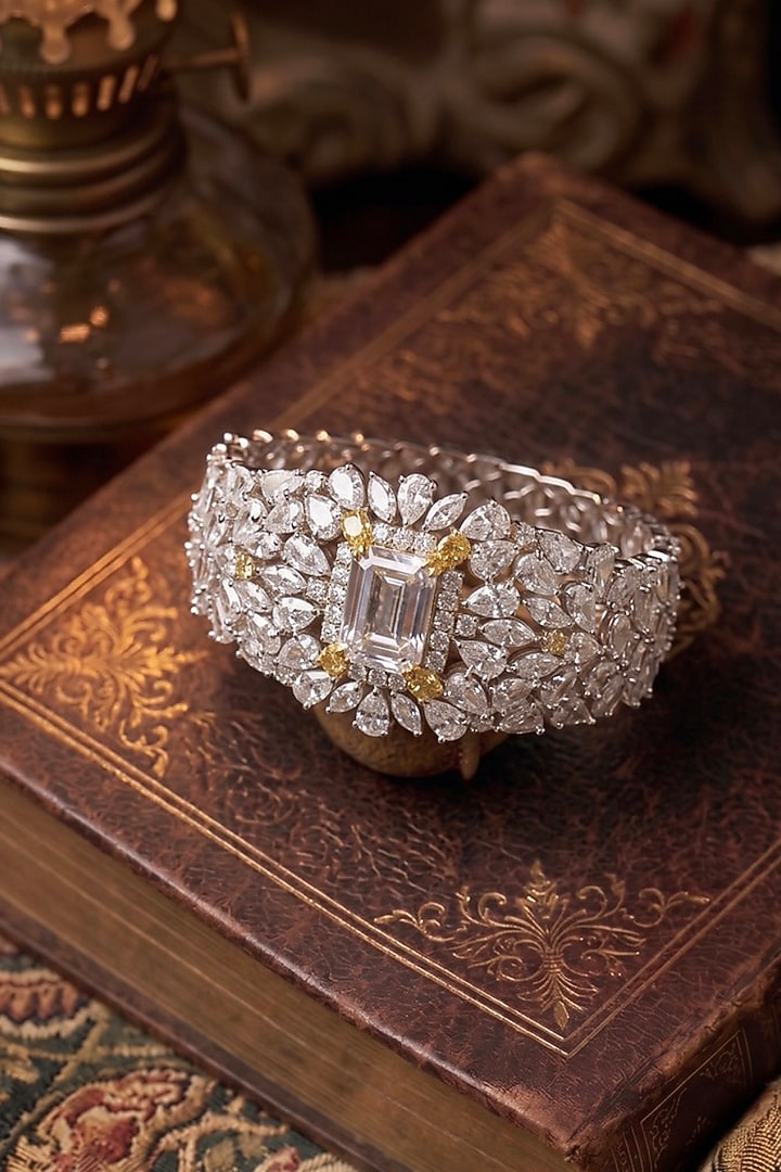 White Rhodium Finish Marquise-Cut Zircon Bangle by Prestones at Pernia's Pop Up Shop