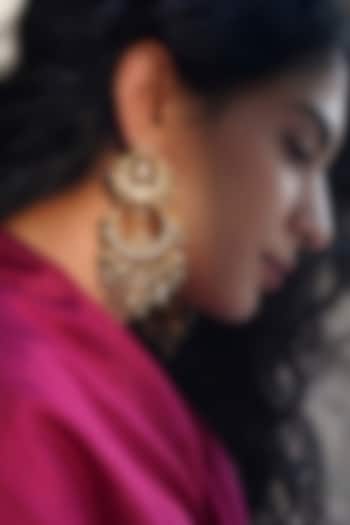 Gold Finish Kundan Polki & Emerald Green Beaded Chandbali Earrings by Prestones at Pernia's Pop Up Shop