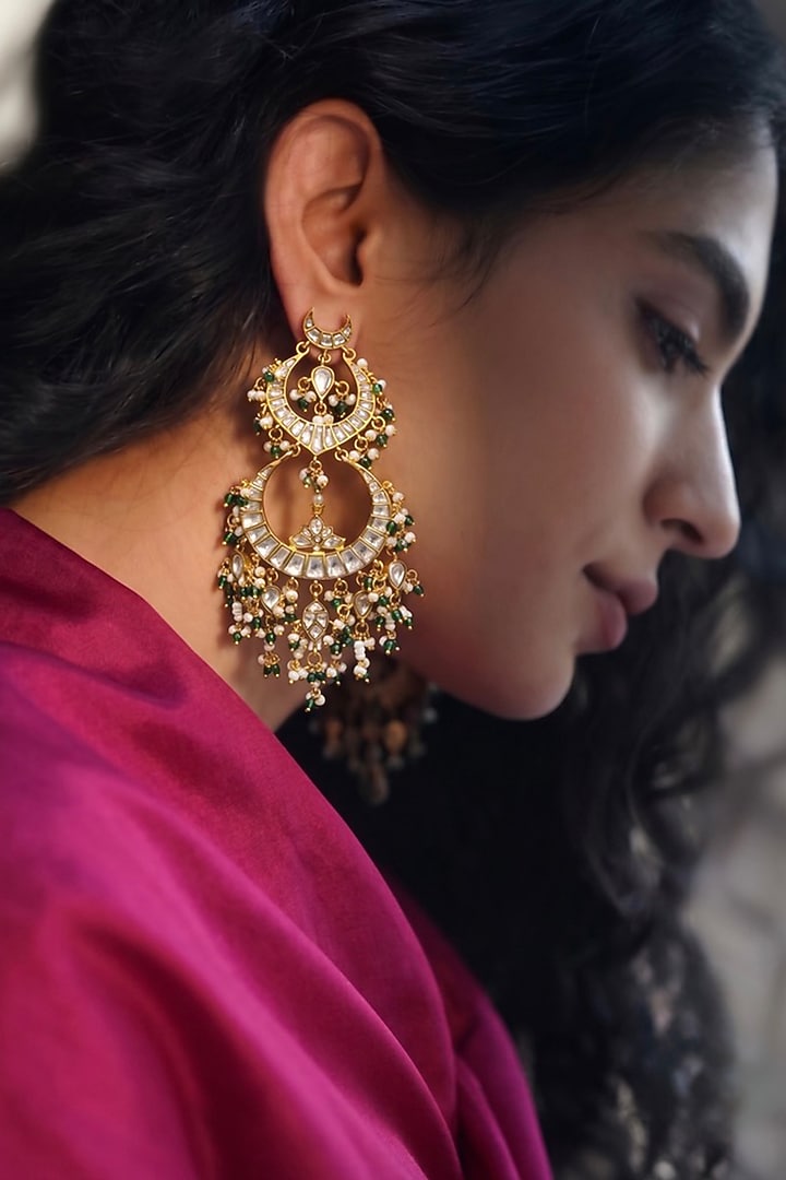 Gold Finish Kundan Polki & Emerald Green Beaded Chandbali Earrings by Prestones at Pernia's Pop Up Shop