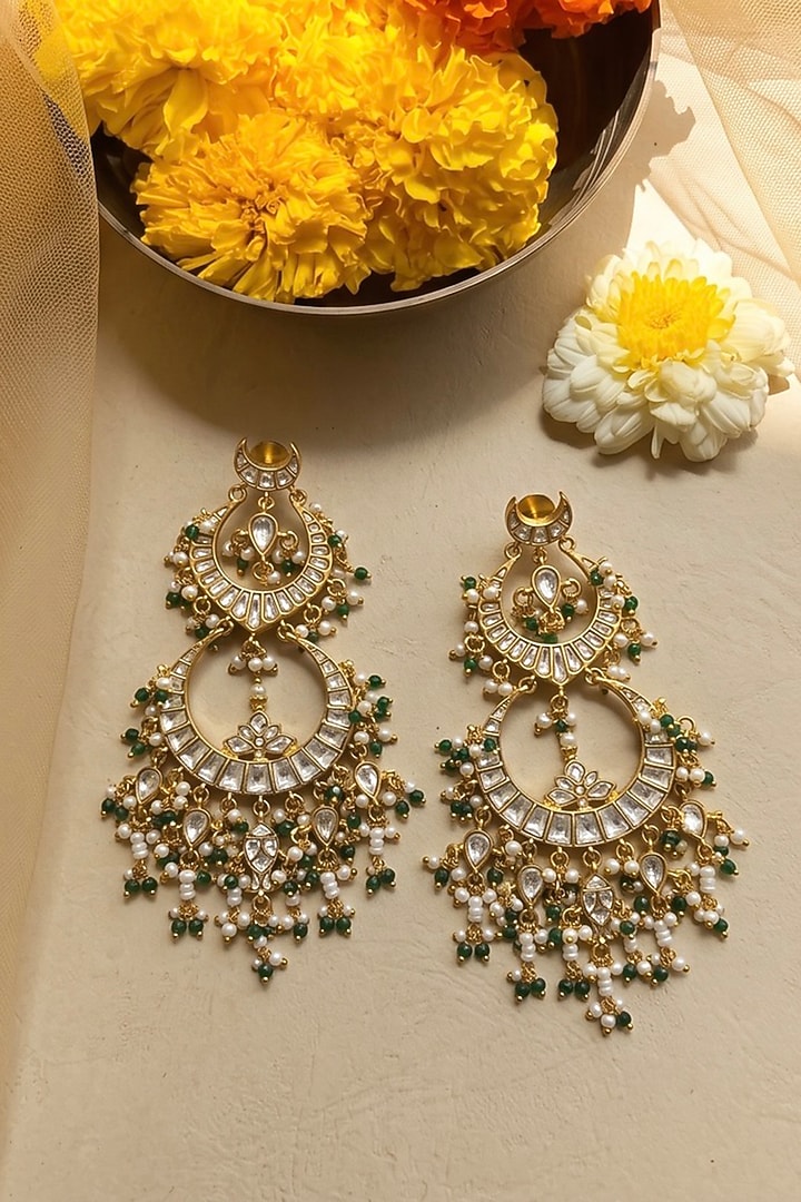 Gold Finish Kundan Polki & Emerald Green Beaded Chandbali Earrings by Prestones at Pernia's Pop Up Shop