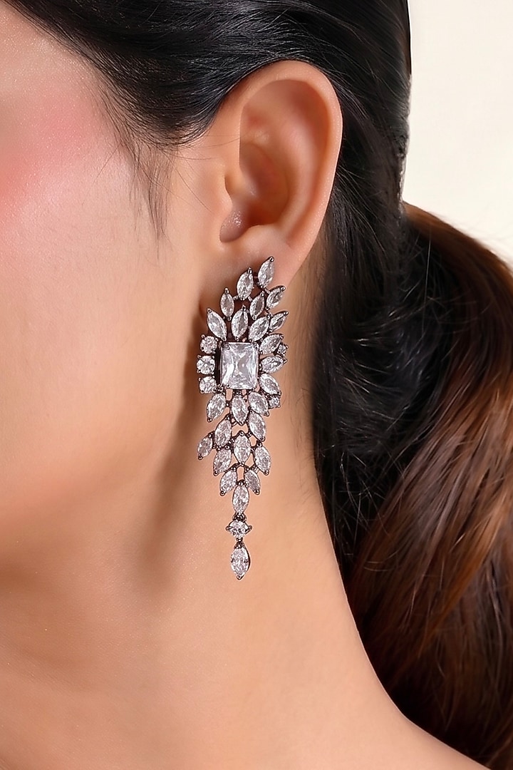 Black Rhodium Finish Marquise-Cut Zircon Dangler Earrings by Prestones at Pernia's Pop Up Shop