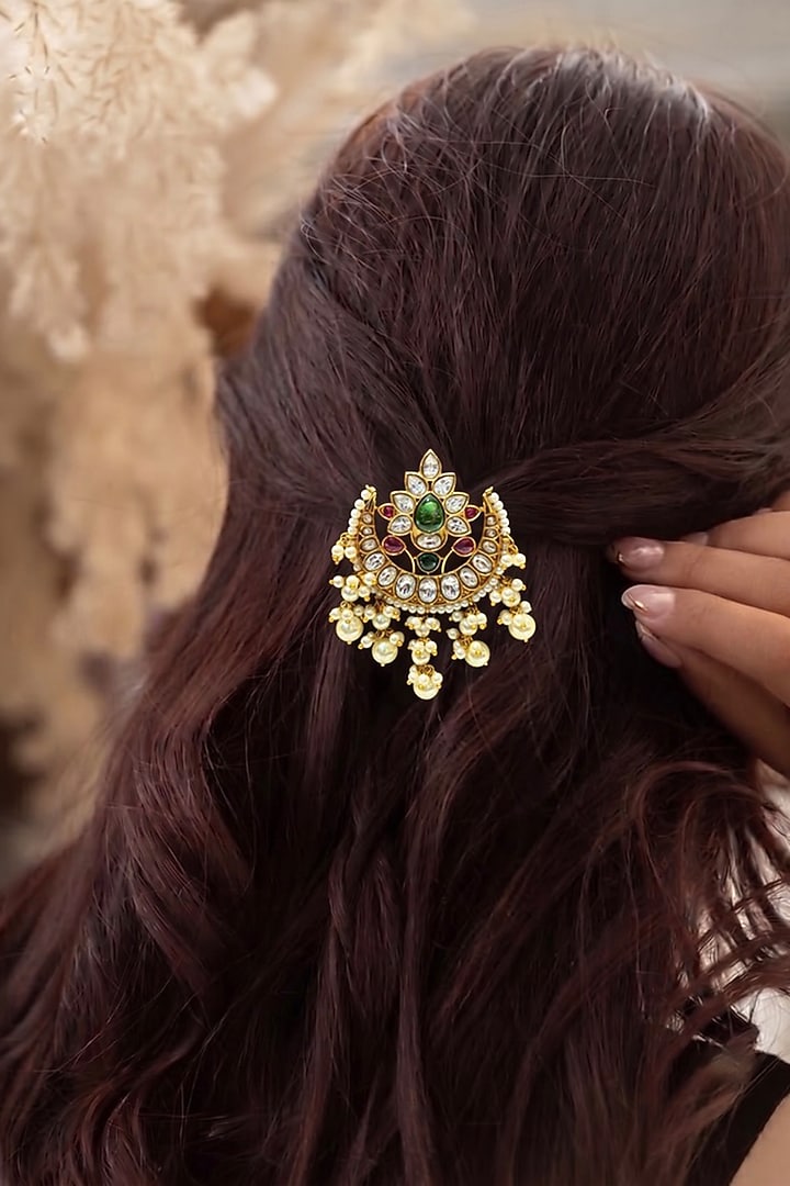 Gold Finish Zircon & Ruby Stone Hair Brooch by Prestones at Pernia's Pop Up Shop