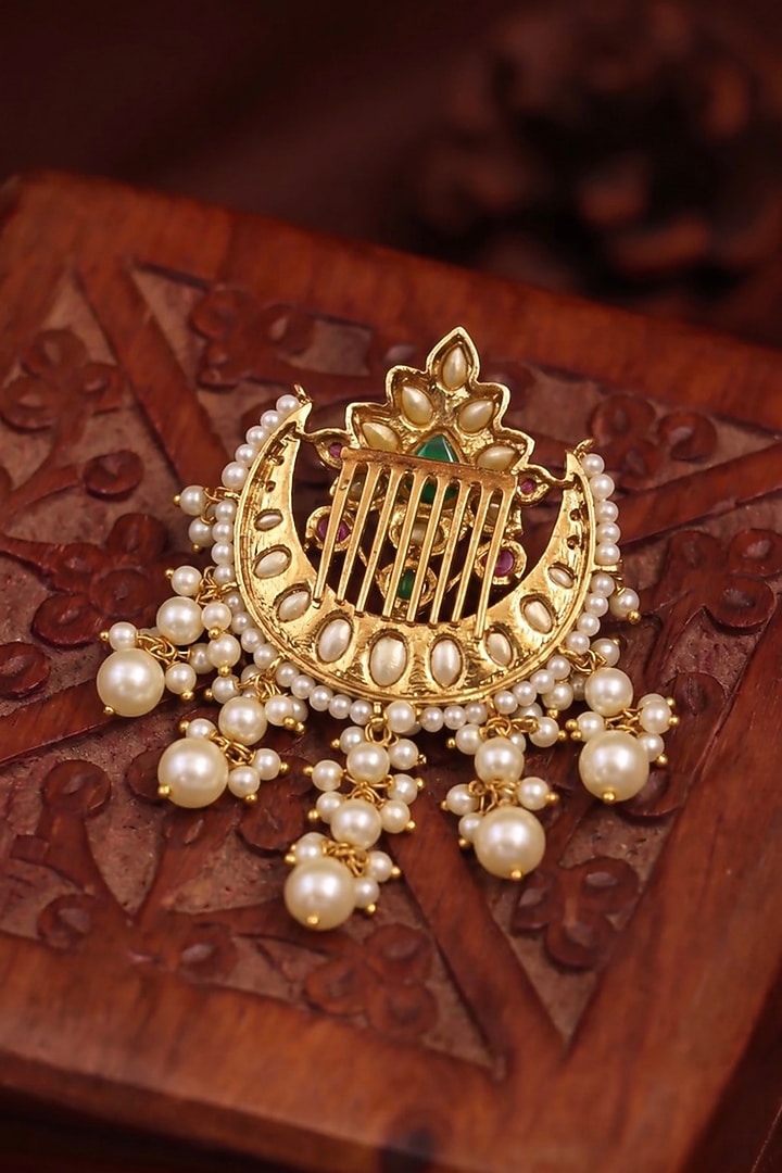 Gold Finish Zircon & Ruby Stone Hair Brooch by Prestones at Pernia's Pop Up Shop