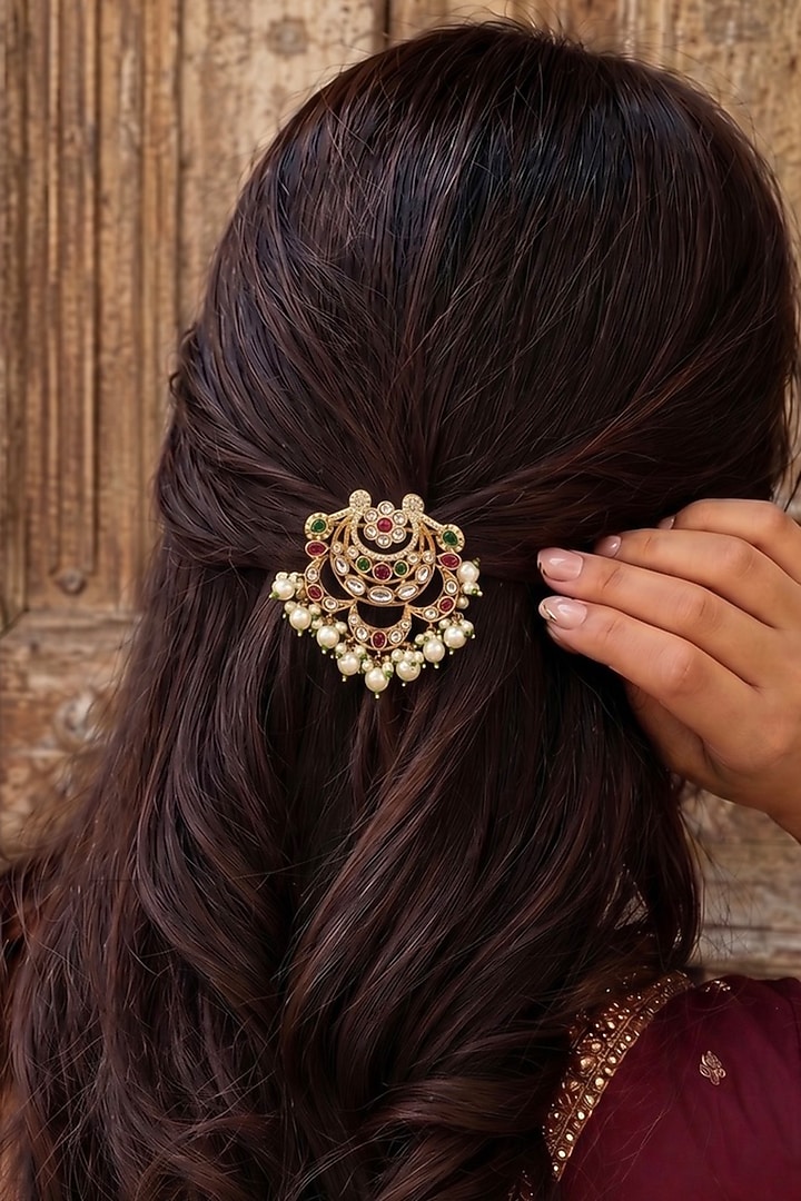Gold Finish Zircon & Pearl Hair Brooch by Prestones at Pernia's Pop Up Shop