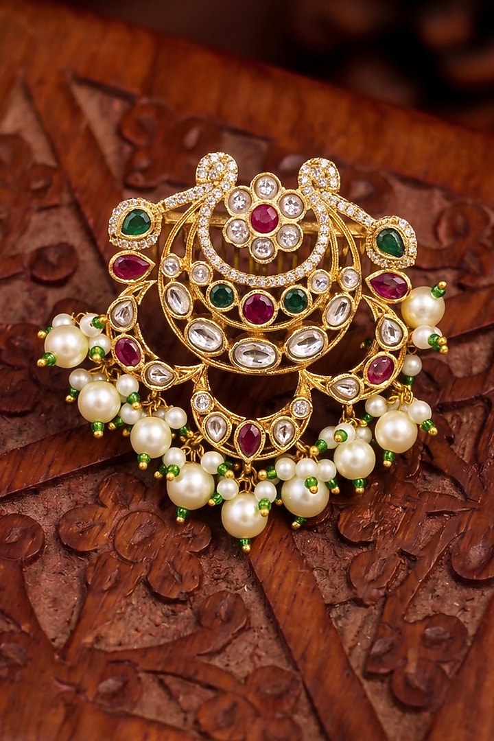 Gold Finish Zircon & Pearl Hair Brooch by Prestones at Pernia's Pop Up Shop