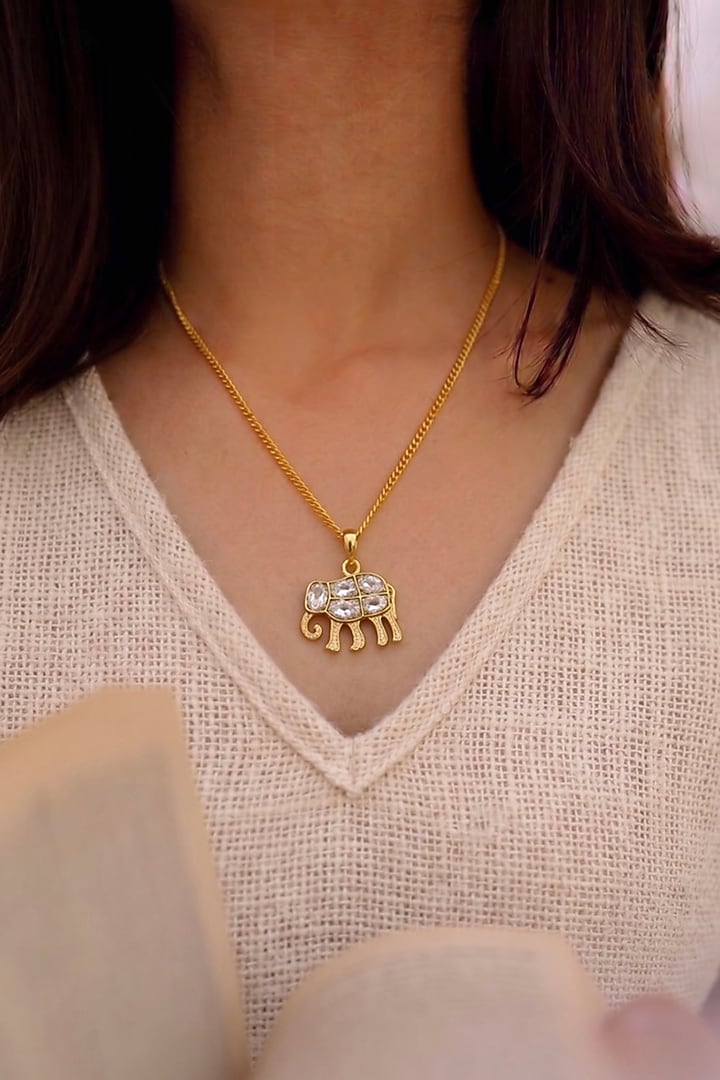 Gold Finish Zircon Elephant Motif Pendant Necklace by Prestones at Pernia's Pop Up Shop