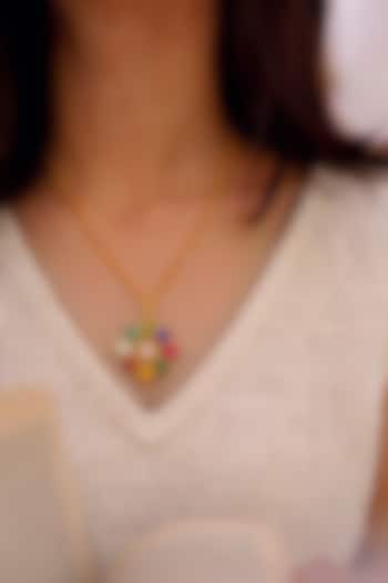 Gold Finish Zircon & Multi-Colored Hydro Stone Floral Pendant Necklace by Prestones at Pernia's Pop Up Shop