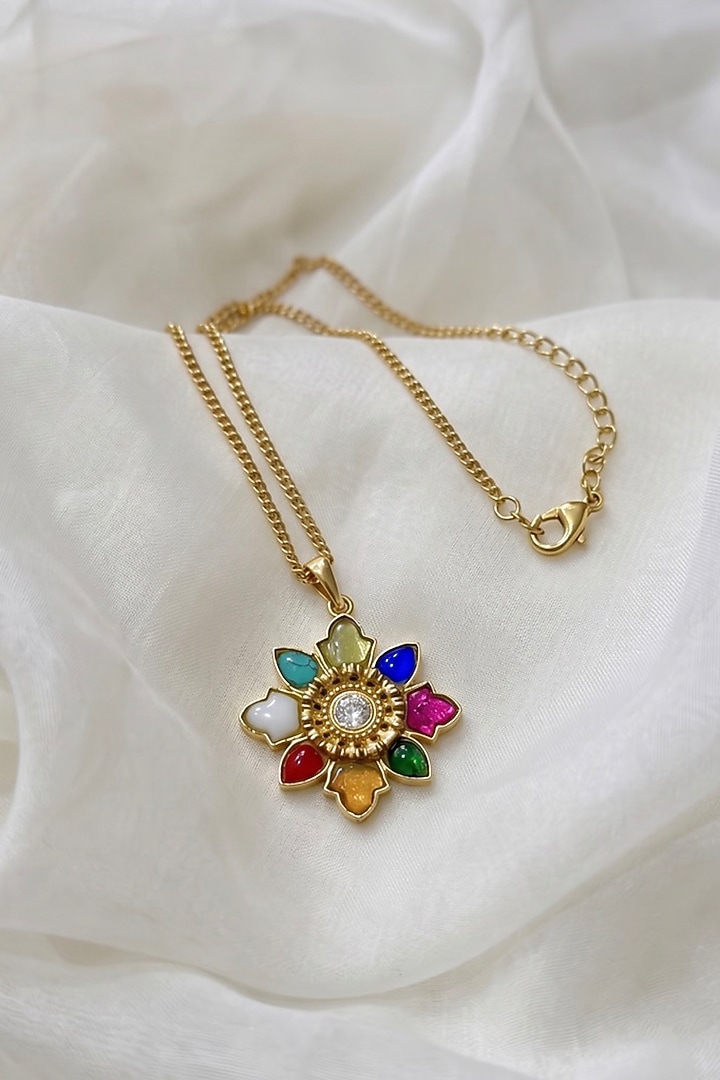 Gold Finish Zircon & Multi-Colored Hydro Stone Floral Pendant Necklace by Prestones at Pernia's Pop Up Shop