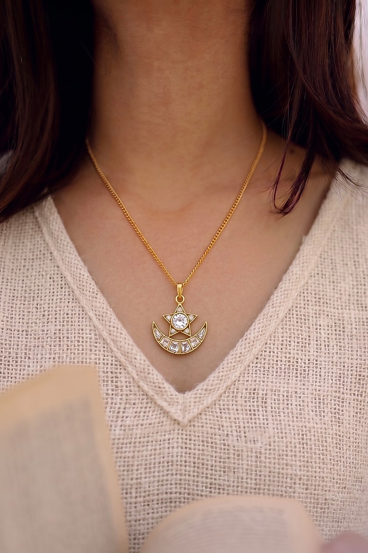 Gold Finish Zircon Moon & Star Shaped Pendant Necklace by Prestones at Pernia's Pop Up Shop