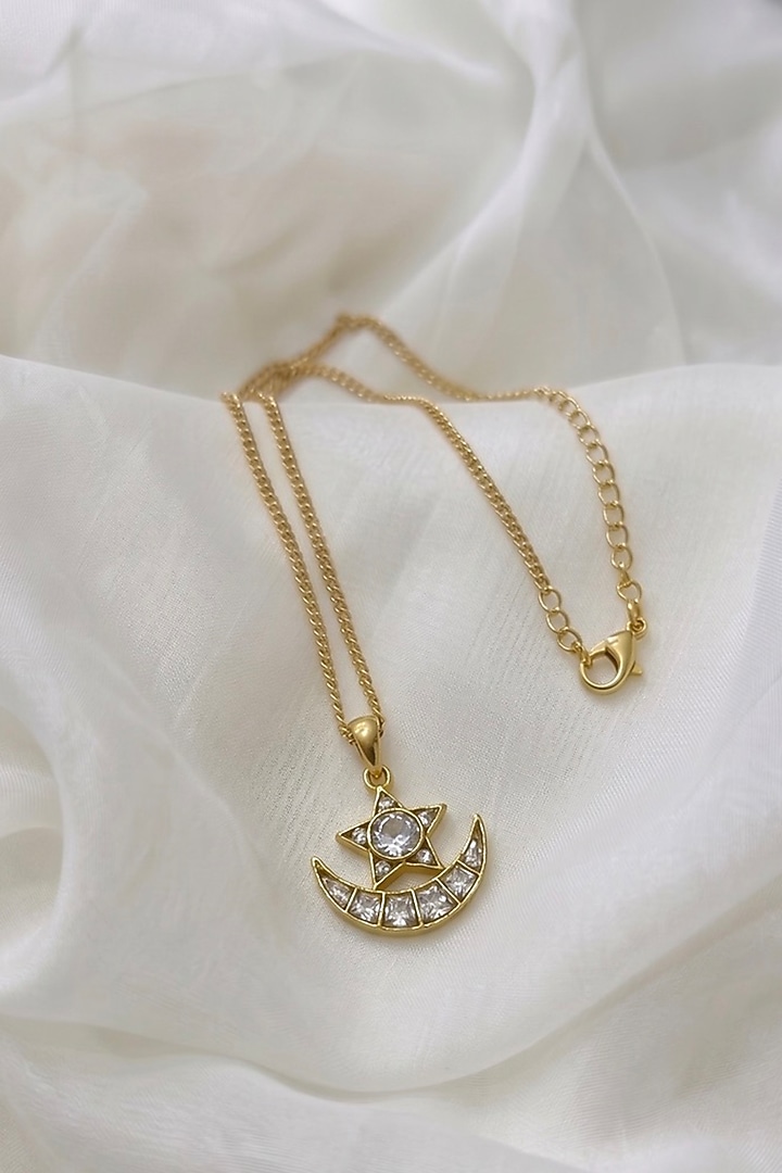 Gold Finish Zircon Moon & Star Shaped Pendant Necklace by Prestones at Pernia's Pop Up Shop