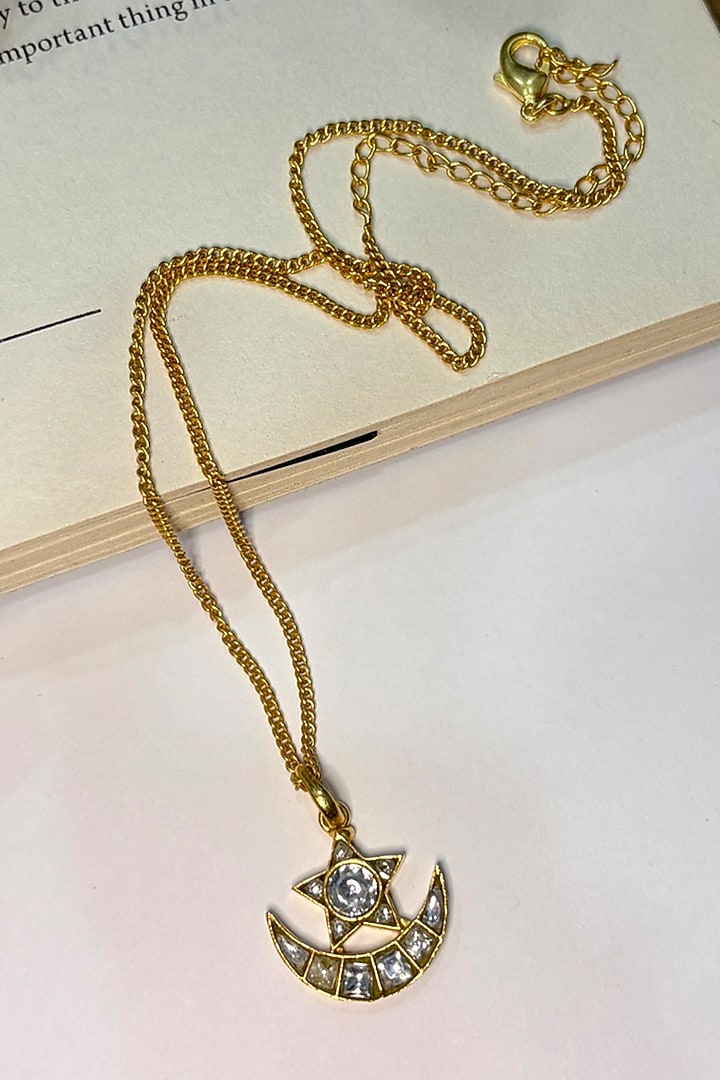 Gold Finish Zircon Moon & Star Shaped Pendant Necklace by Prestones at Pernia's Pop Up Shop