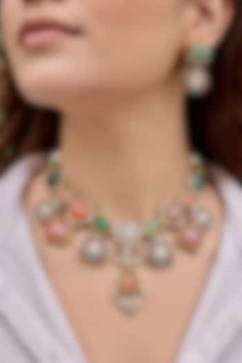Gold Finish Zircon & Multi-Colored Hydro Stone Jadau Necklace Set by Prestones at Pernia's Pop Up Shop