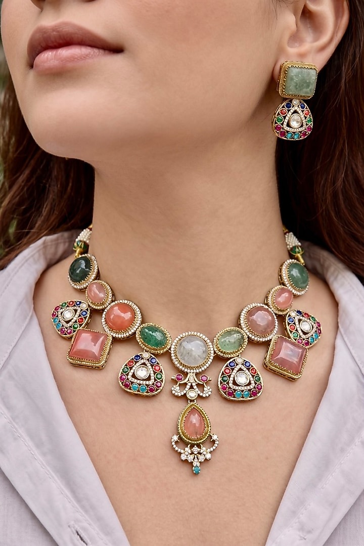 Gold Finish Zircon & Multi-Colored Hydro Stone Jadau Necklace Set by Prestones at Pernia's Pop Up Shop