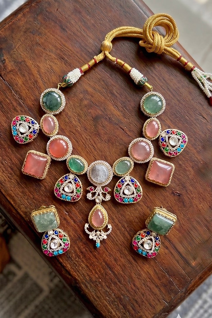 Gold Finish Zircon & Multi-Colored Hydro Stone Jadau Necklace Set by Prestones at Pernia's Pop Up Shop