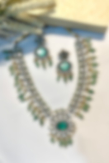 Gold Finish Kundan Polki & Jade Beaded Long Necklace Set by Prestones at Pernia's Pop Up Shop