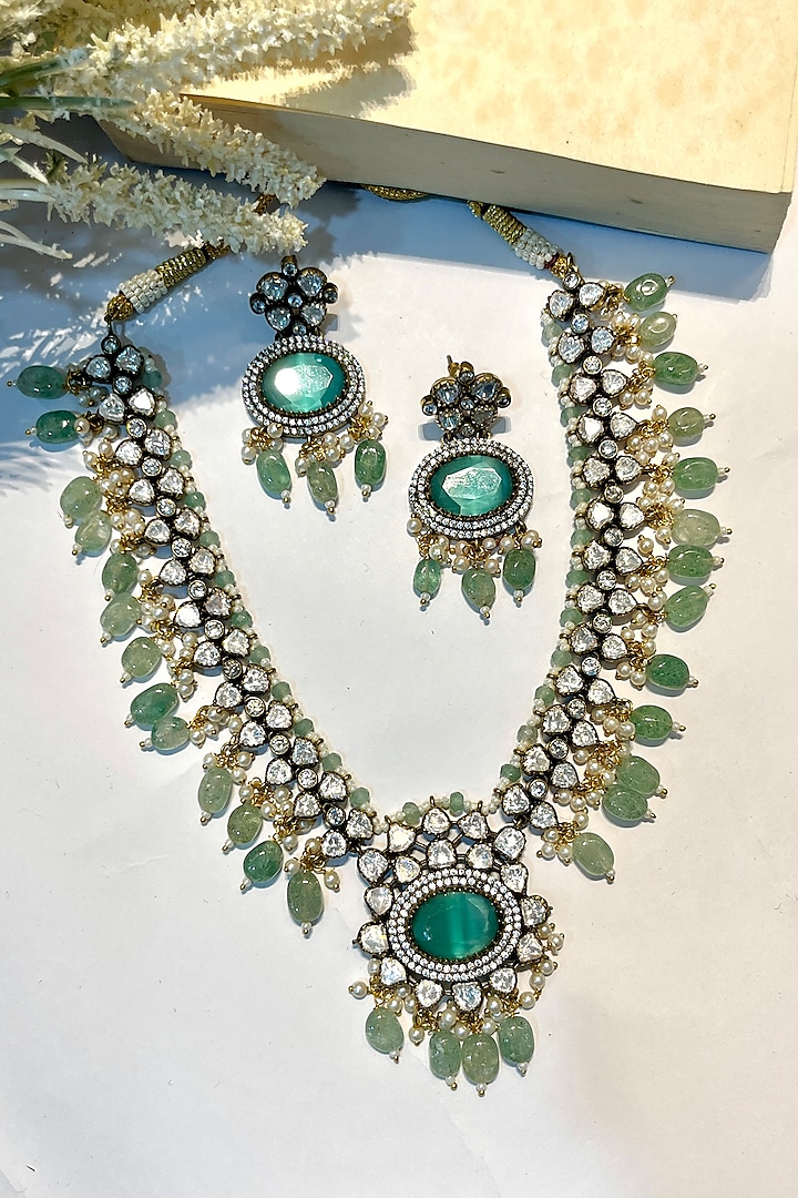 Gold Finish Kundan Polki & Jade Beaded Long Necklace Set by Prestones at Pernia's Pop Up Shop