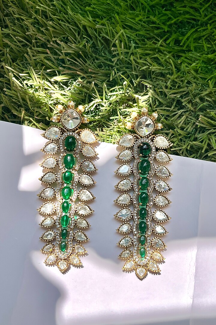 Gold Finish Kundan Polki & Green Stone Dangler Earrings by Prestones at Pernia's Pop Up Shop