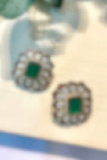 Gold Finish Kundan Polki & Green Stone Stud Earrings by Prestones at Pernia's Pop Up Shop