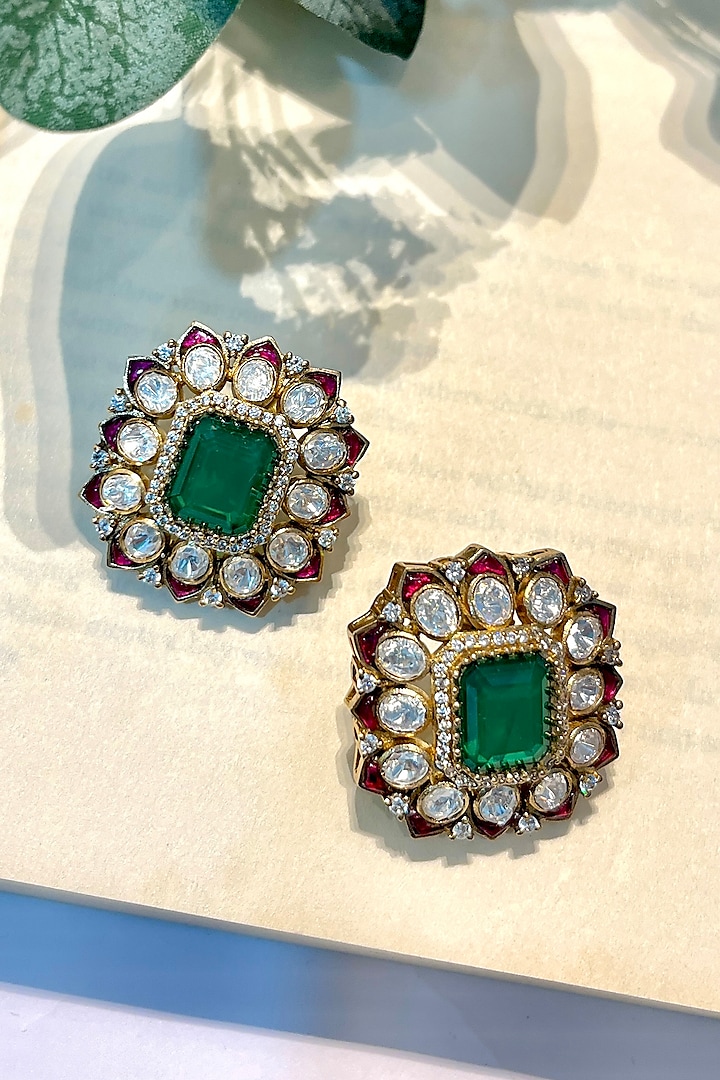 Gold Finish Kundan Polki & Green Stone Stud Earrings by Prestones at Pernia's Pop Up Shop