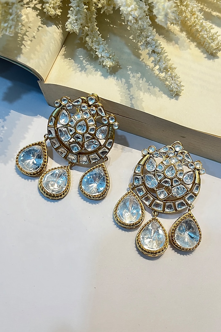 Gold Finish Moissanite Polki Dangler Earrings by Prestones at Pernia's Pop Up Shop