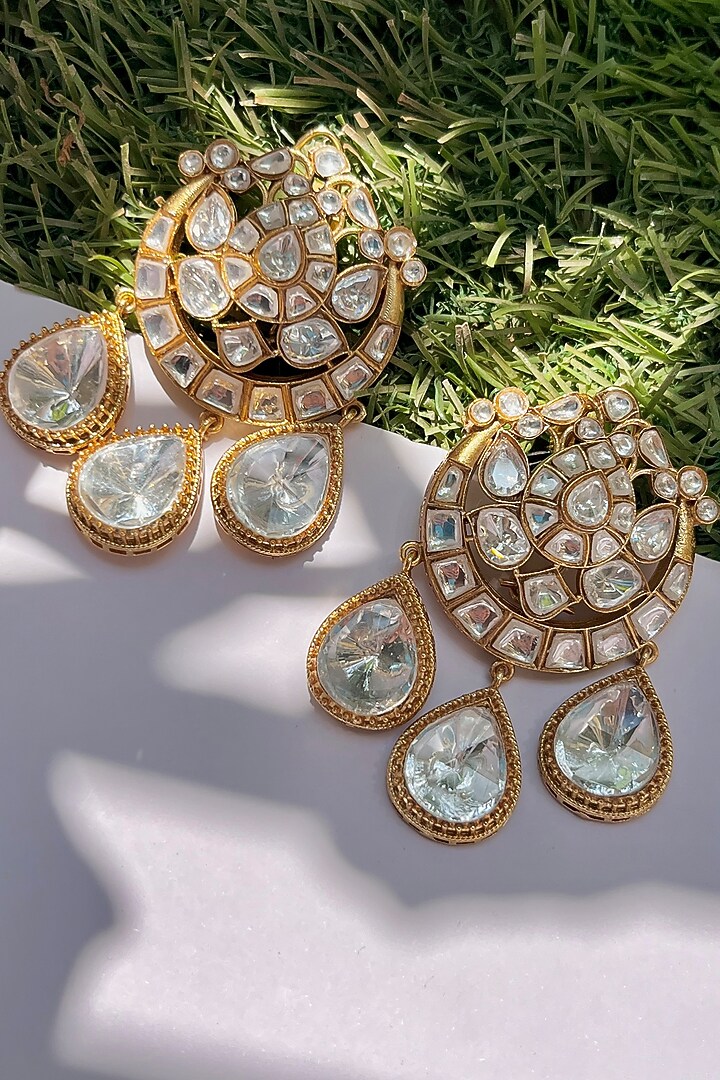 Gold Finish Moissanite Polki Dangler Earrings by Prestones at Pernia's Pop Up Shop