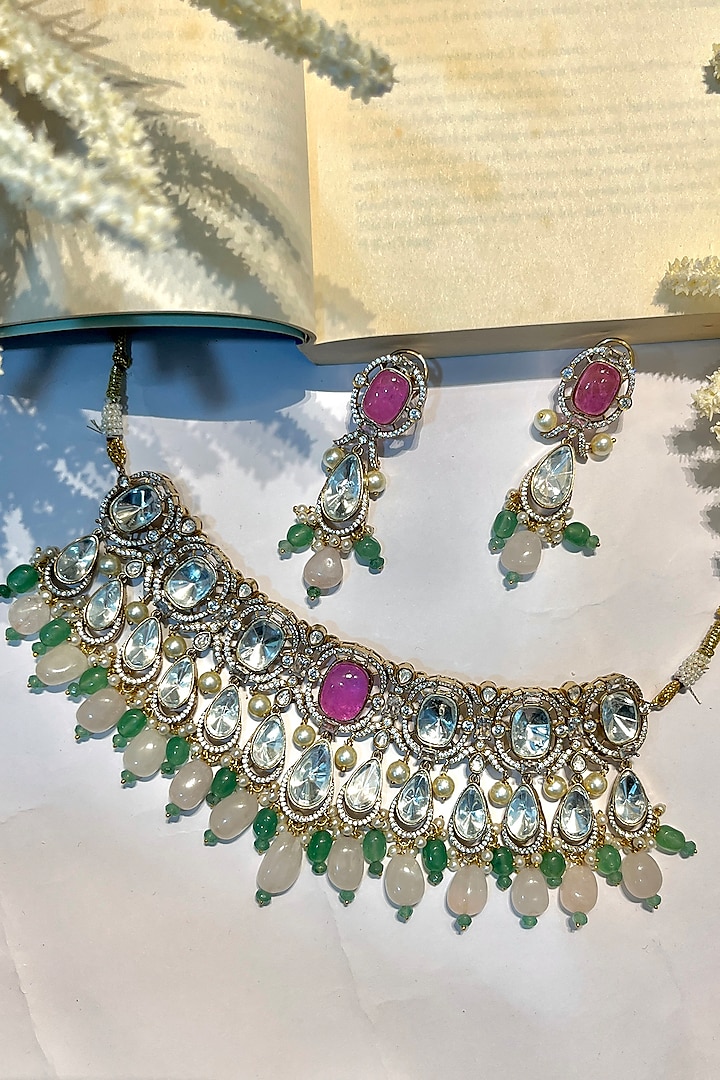 Gold Finish Pastel Green Kundan Polki Choker Necklace Set by Prestones at Pernia's Pop Up Shop