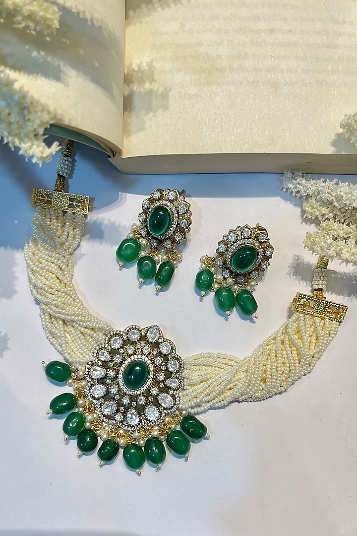 Gold Finish Kundan Polki & Green Stone Choker Necklace Set by Prestones at Pernia's Pop Up Shop