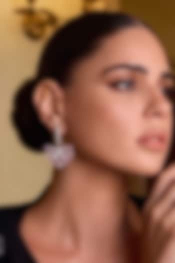 White Rhodium Finish Pear-Shaped Pink & White Zircon Hoop Earrings by Prestones at Pernia's Pop Up Shop
