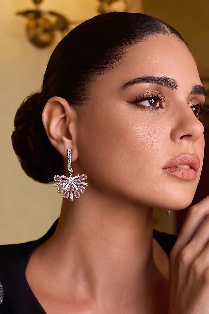 White Rhodium Finish Pear-Shaped Pink & White Zircon Hoop Earrings by Prestones at Pernia's Pop Up Shop