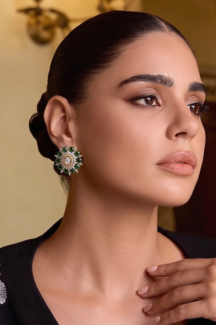 Gold Finish Oval-Shaped Green & White Zircon Stud Earrings by Prestones at Pernia's Pop Up Shop