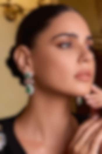 Gold Finish Green & Pink Zircon Dangler Earrings by Prestones at Pernia's Pop Up Shop