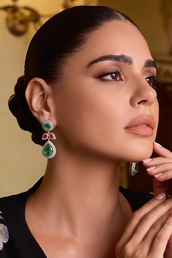 Gold Finish Green & Pink Zircon Dangler Earrings by Prestones at Pernia's Pop Up Shop