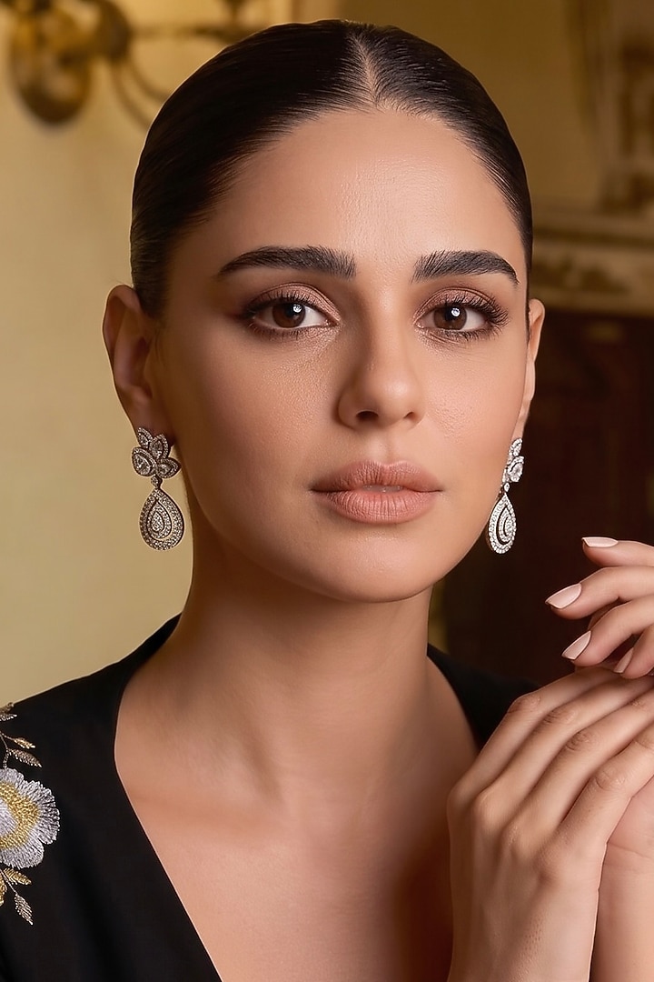 White Rhodium Finish Marquise & Round-Cut Zircon Floral Stud Earrings by Prestones at Pernia's Pop Up Shop