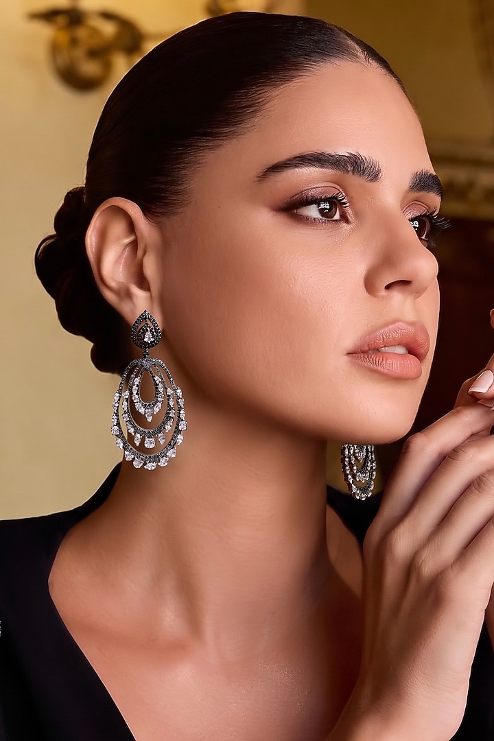 Black Rhodium Finish Black & White Zircon Dangler Earrings by Prestones at Pernia's Pop Up Shop