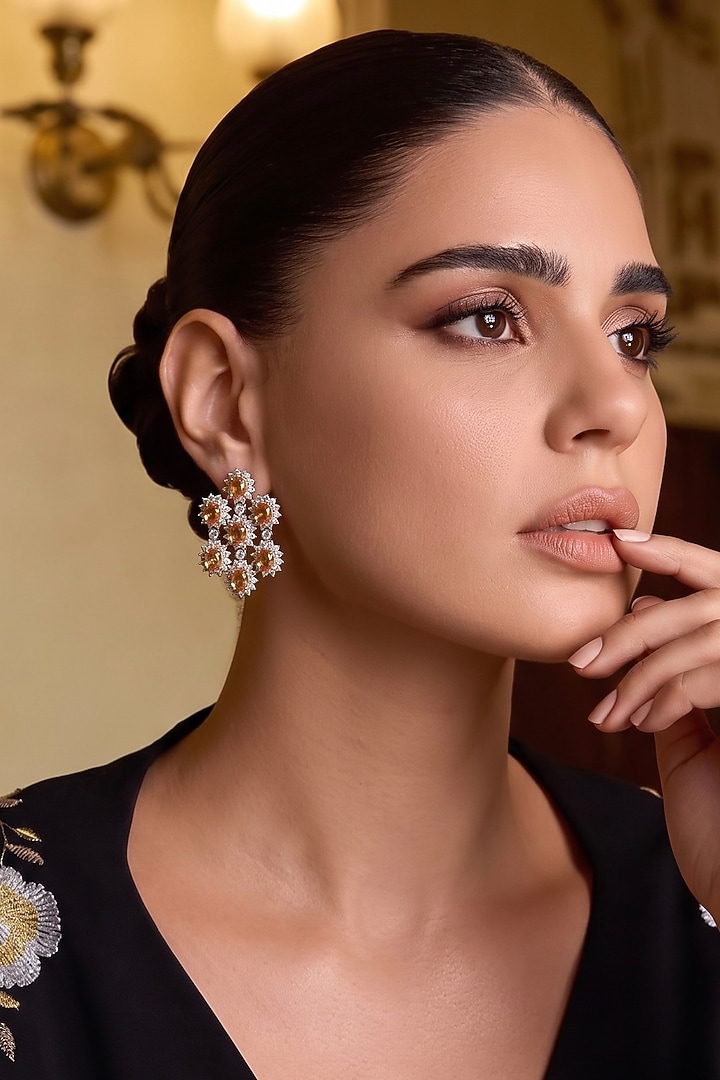 White Finish Champagne & White Zircon Floral Stud Earrings by Prestones at Pernia's Pop Up Shop