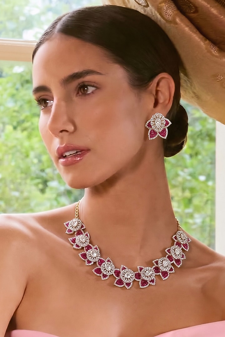 Gold Finish Ruby & White Zircon Choker Necklace Set by Prestones at Pernia's Pop Up Shop