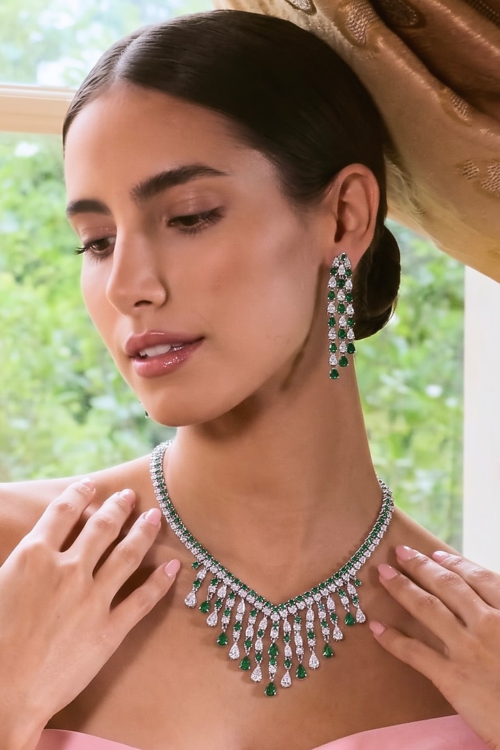 Silver Finish Emerald Green & White Zircon Layered Necklace Set by Prestones at Pernia's Pop Up Shop