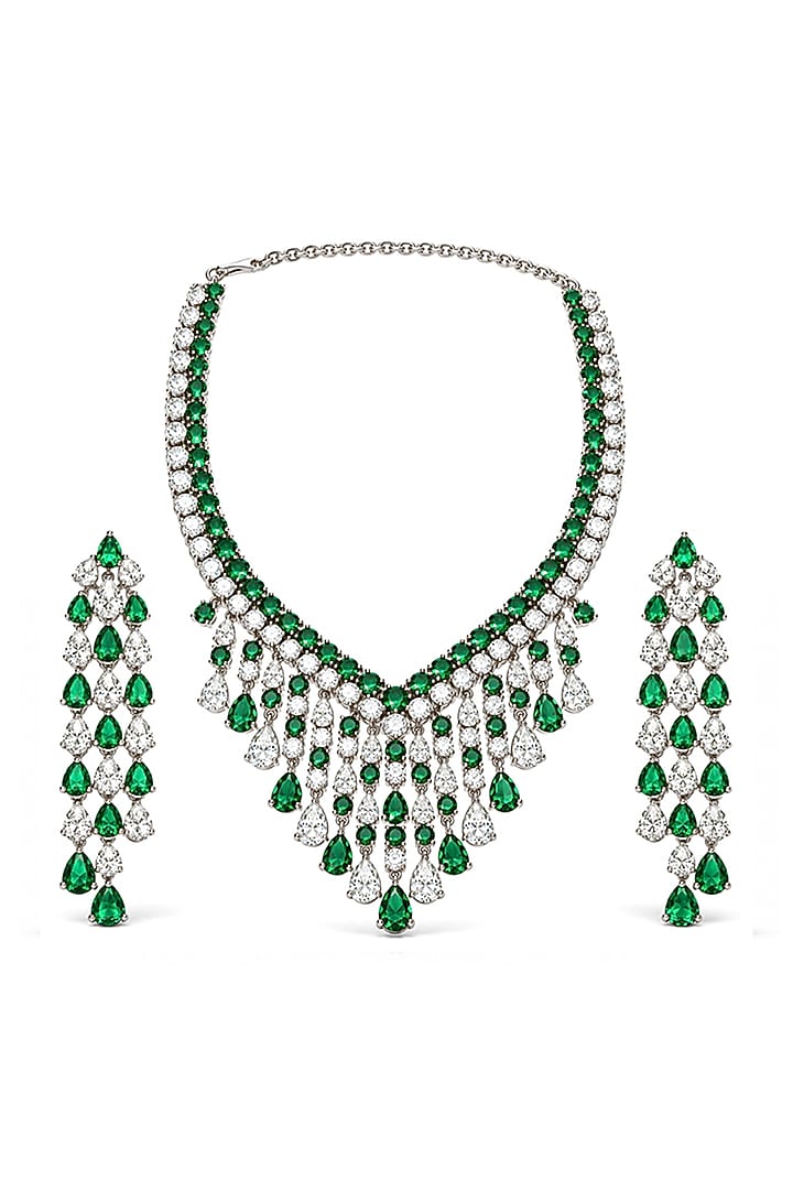 Silver Finish Emerald Green & White Zircon Layered Necklace Set by Prestones at Pernia's Pop Up Shop
