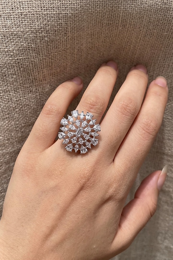 White Rhodium Finish Baguette-Cut Zircon Adjustable Ring by Prestones at Pernia's Pop Up Shop