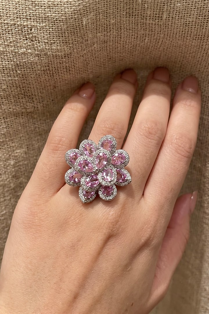 White Rhodium Finish Pink & White Zircon Adjustable Ring by Prestones at Pernia's Pop Up Shop