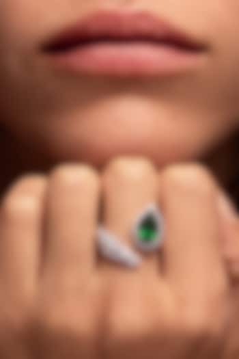 White Rhodium Finish Emerald & White Zircon Ring by Prestones at Pernia's Pop Up Shop