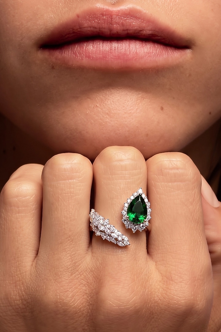 White Rhodium Finish Emerald & White Zircon Ring by Prestones at Pernia's Pop Up Shop