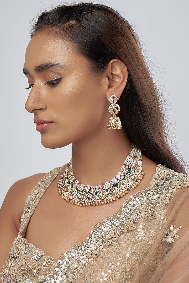 Gold Finish Beaded & Pearl Choker Necklace Set by Prestones at Pernia's Pop Up Shop
