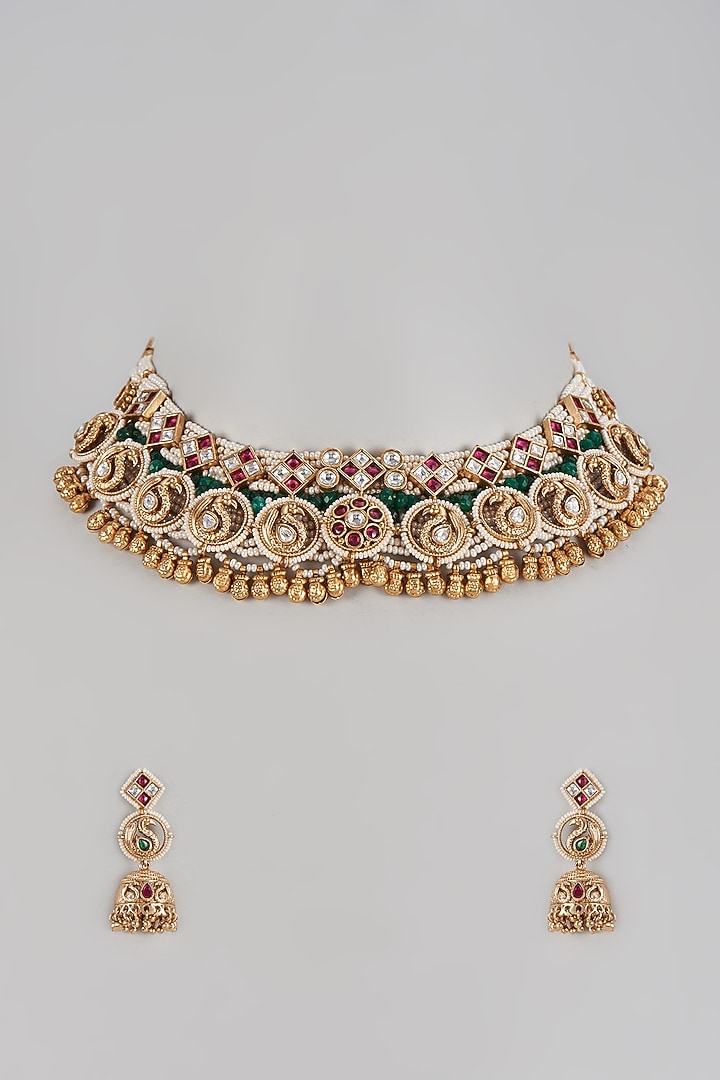 Gold Finish Beaded & Pearl Choker Necklace Set by Prestones at Pernia's Pop Up Shop
