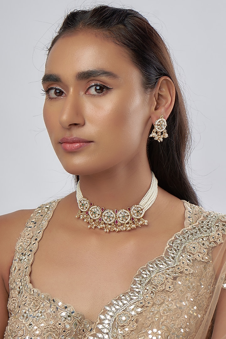 Gold Finish Zircon & Pearl Choker Necklace Set by Prestones at Pernia's Pop Up Shop