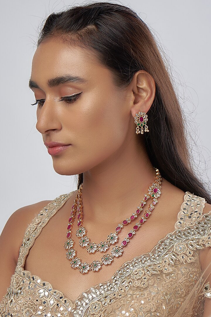 Gold Finish Synthetic Stone Layered Necklace Set Design by Prestones at