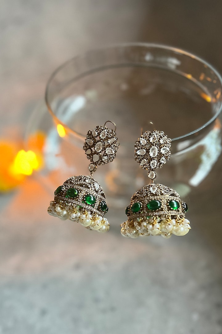 Gold Finish Kundan Polki & Green Stone Jhumka Earrings by Prestones at Pernia's Pop Up Shop