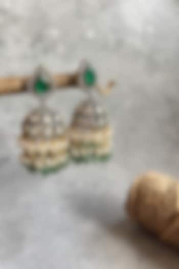 Gold Finish Kundan Polki & Jade Green Beaded Jhumka Earrings by Prestones at Pernia's Pop Up Shop