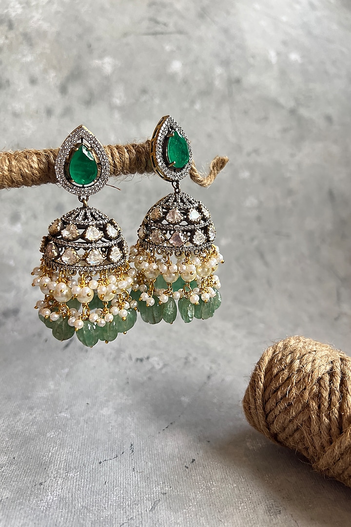 Gold Finish Kundan Polki & Jade Green Beaded Jhumka Earrings by Prestones at Pernia's Pop Up Shop