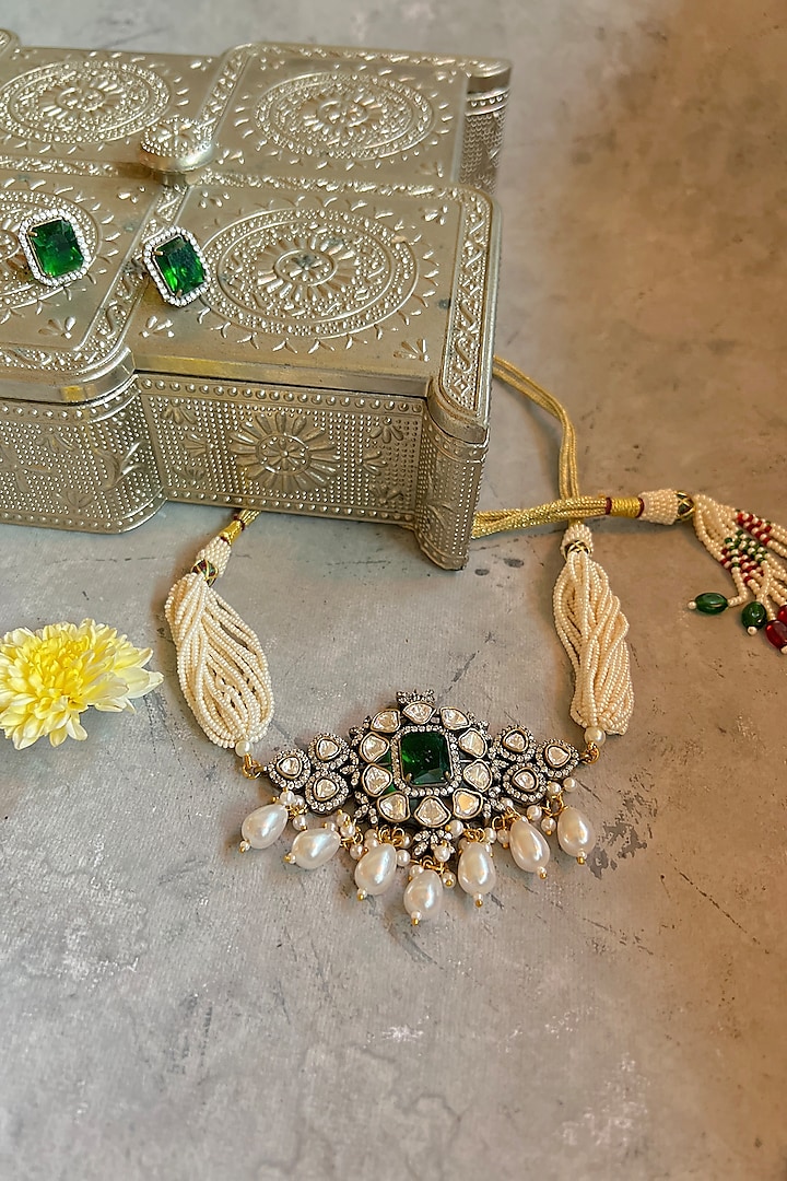 Gold Finish Kundan Polki & Green Stone Choker Necklace Set by Prestones at Pernia's Pop Up Shop